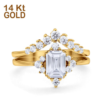 14K Yellow Gold Emerald Cut Art Deco Two Piece Bridal Set Ring Engagement Band Simulated CZ